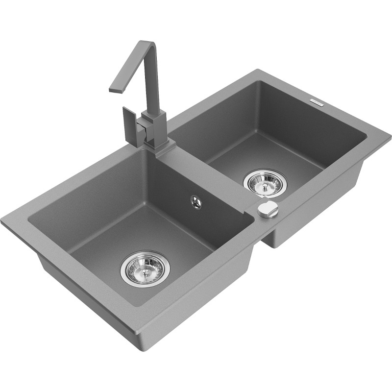 Mexen Mario Granitspüle mit 2 Becken und Küchenarmatur Rita, grau - 6504-71-670300-71