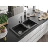 Mexen Mario Granitspüle 2-Kammern mit Küchenarmatur Rita, schwarz/silber metallic - 6504-73-670300-00