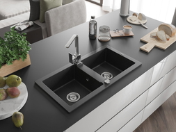 Mexen Mario Granitspüle 2-Kammern mit Küchenarmatur Rita, schwarz/silber metallic - 6504-73-670300-00