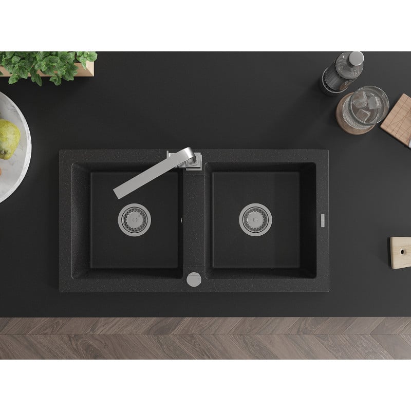 Mexen Mario Granitspüle 2-Kammern mit Küchenarmatur Rita, schwarz/silber metallic - 6504-73-670300-00