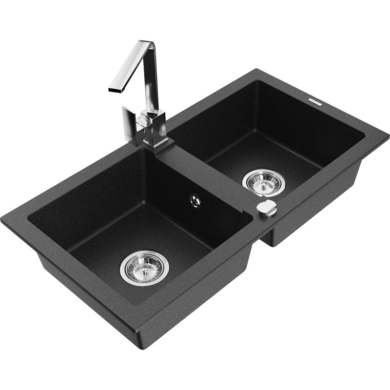 Mexen Mario Granitspüle 2-Kammer mit Küchenarmatur Rita, schwarz/silberfarben metallic - 6504-73-670300-00