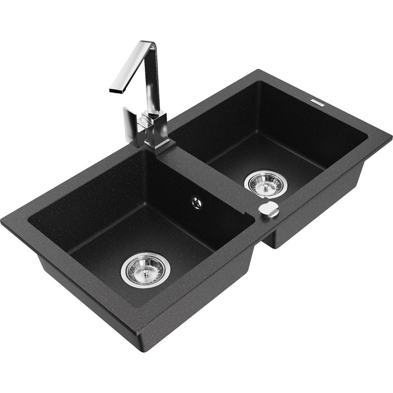 Mexen Mario Granitspüle 2-Kammern mit Küchenarmatur Rita, schwarz/silber metallic - 6504-73-670300-00