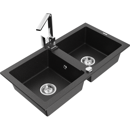 Mexen Mario Granitspüle 2-Kammer mit Küchenarmatur Rita, schwarz/silber metallic - 6504-73-670300-00