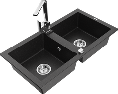 Mexen Mario Granitspüle 2-Kammern mit Küchenarmatur Rita, schwarz/silber metallic - 6504-73-670300-00