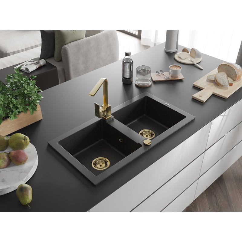Mexen Mario Granitspüle 2-Kammern mit Küchenarmatur Rita, schwarz/silber metallic - 6504-73-670300-50