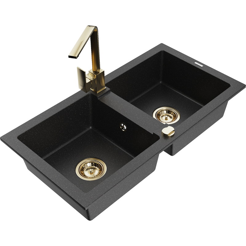 Mexen Mario Granitspüle 2-Kammer mit Küchenarmatur Rita, schwarz/silber metallic - 6504-73-670300-50