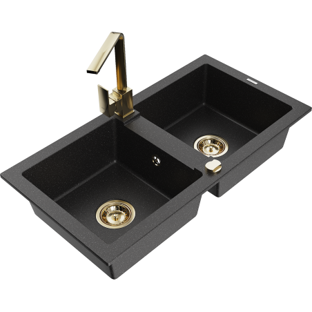 Mexen Mario Granitspüle 2-Kammer mit Küchenarmatur Rita, schwarz/silber metallic - 6504-73-670300-50