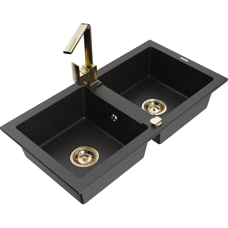 Mexen Mario Granitspüle 2-Kammern mit Küchenarmatur Rita, schwarz/silber metallic - 6504-73-670300-50