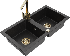 Mexen Mario Granitspüle 2-Kammern mit Küchenarmatur Rita, schwarz/silber metallic - 6504-73-670300-50