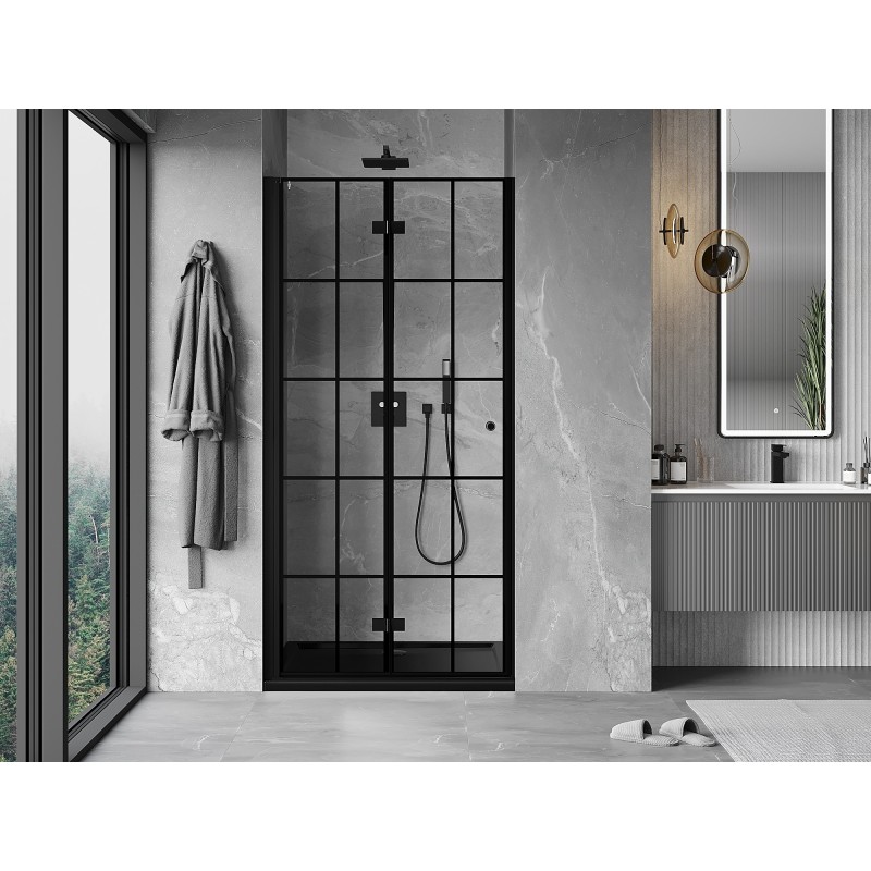 Mexen Mist-F Falttür für die Dusche links 80 cm, schwarzes Gitter, schwarz - 8A6-080-000-70-77-L