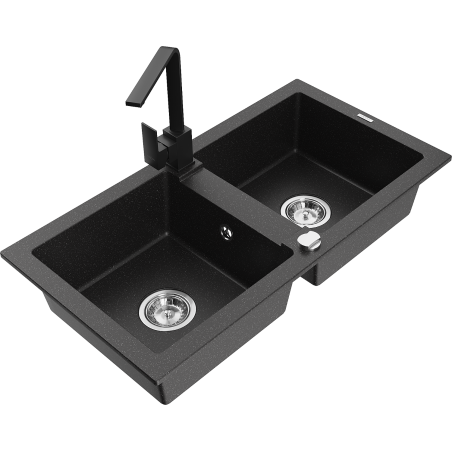 Mexen Mario Granitspüle 2-Kammer mit Küchenarmatur Rita, schwarz/silber-metallic - 6504-73-670300-70