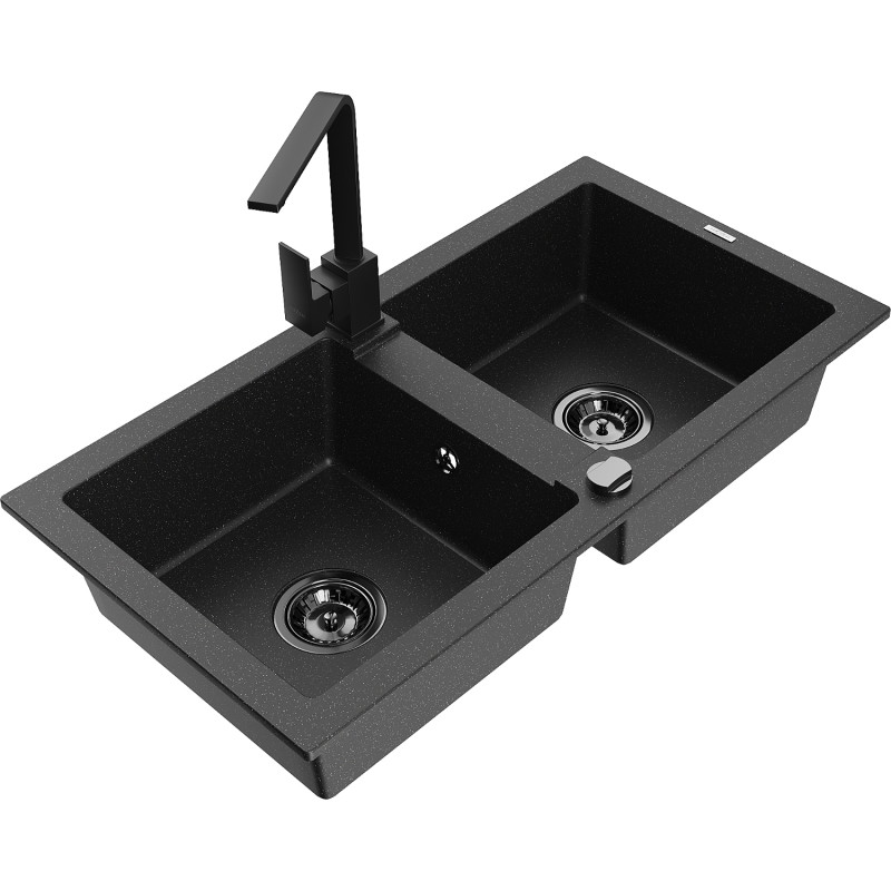 Mexen Mario granitspüle 2-becken mit küchenarmatur Rita, schwarz/silber-metallic - 6504-73-670300-70-B