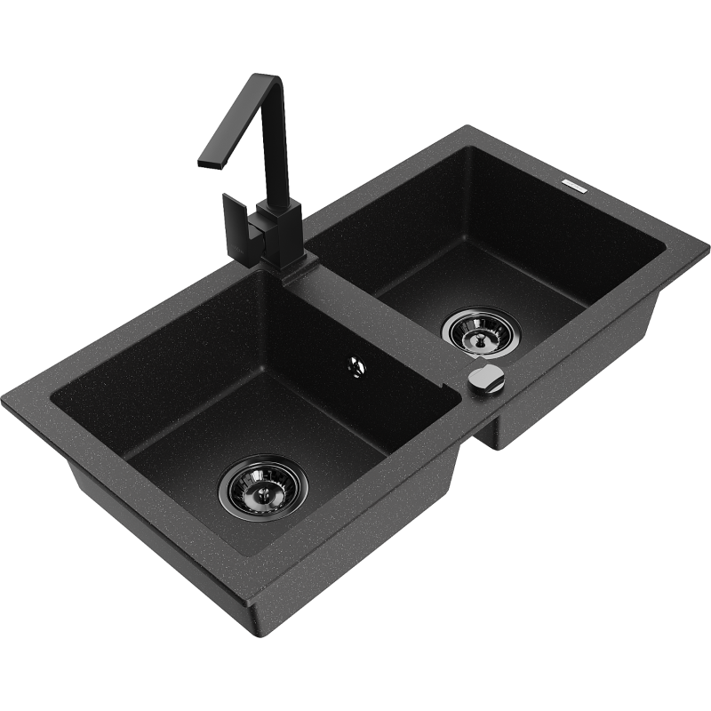 Mexen Mario Granitspüle 2-Kammern mit Küchenarmatur Rita, schwarz/silber Metallic - 6504-73-670300-70-B