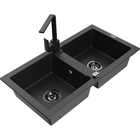 Mexen Mario Granitspüle 2-Kammer mit Küchenarmatur Rita, schwarz/silber metallic - 6504-73-670300-70-B