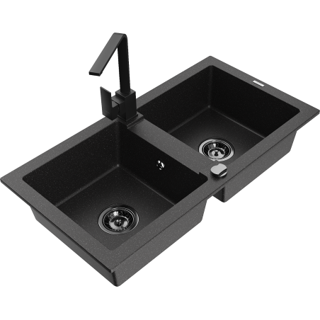 Mexen Mario Granitspüle 2-Kammern mit Küchenarmatur Rita, schwarz/silber Metallic - 6504-73-670300-70-B