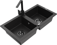 Mexen Mario Granitspüle 2-Kammern mit Küchenarmatur Rita, schwarz/silber Metallic - 6504-73-670300-70-B
