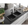 Mexen Mario Granitspüle 2-Kammern mit Küchenarmatur Rita, schwarz/silber Metallic - 6504-73-670300-70-B