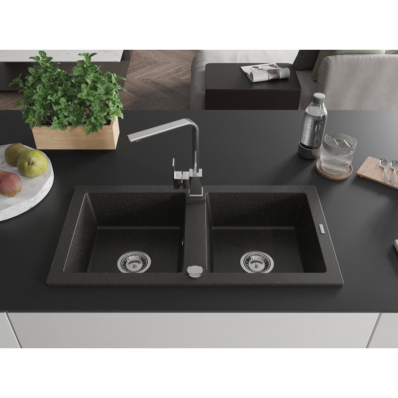 Mexen Mario Granitspüle 2-Kammern mit Küchenarmatur Rita, Schwarz/Gold Metallic - 6504-75-670300-00