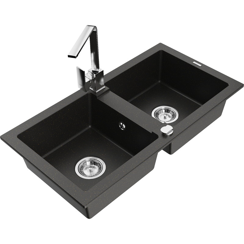 Mexen Mario Granitspüle 2-Kammer mit Küchenarmatur Rita, schwarz/gold metallic - 6504-75-670300-00