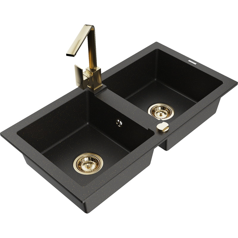 Mexen Mario Granitspüle 2-Kammer mit Küchenarmatur Rita, schwarz/goldener Metallic - 6504-75-670300-50