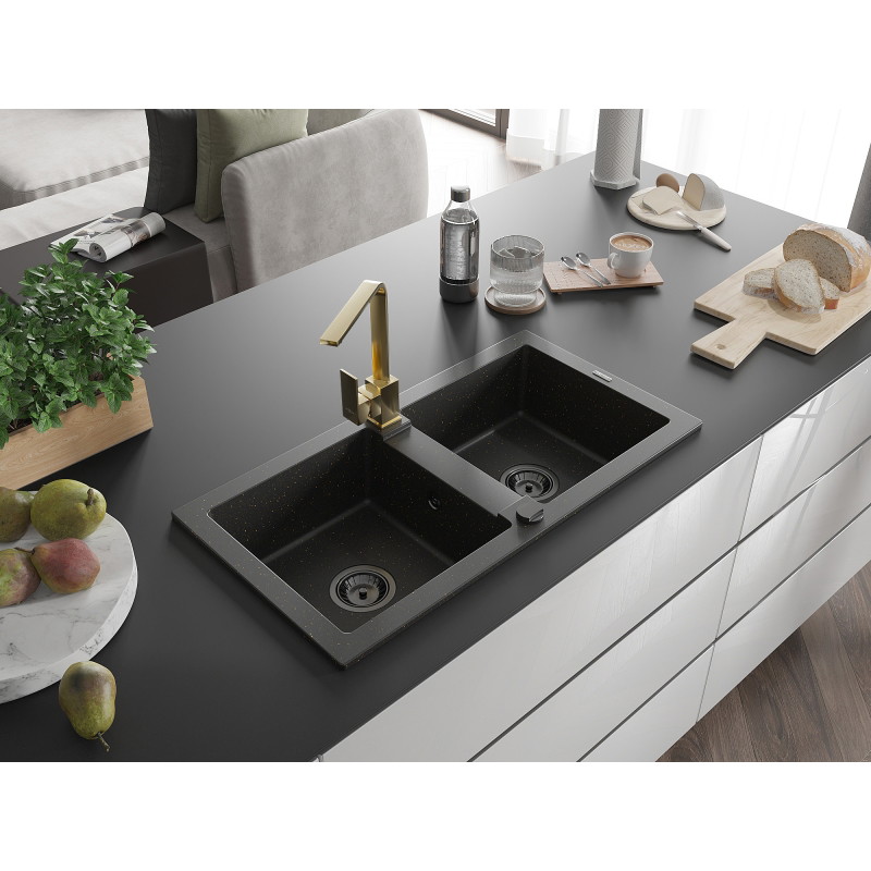 Mexen Mario Granitspüle 2-Kammern mit Küchenarmatur Rita, schwarz/gold metallic - 6504-75-670300-50-B