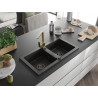 Mexen Mario Granitspüle 2-Kammern mit Küchenarmatur Rita, schwarz/gold metallic - 6504-75-670300-50-B