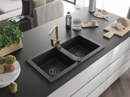 Mexen Mario Granitspüle 2-Kammern mit Küchenarmatur Rita, schwarz/gold metallic - 6504-75-670300-50-B
