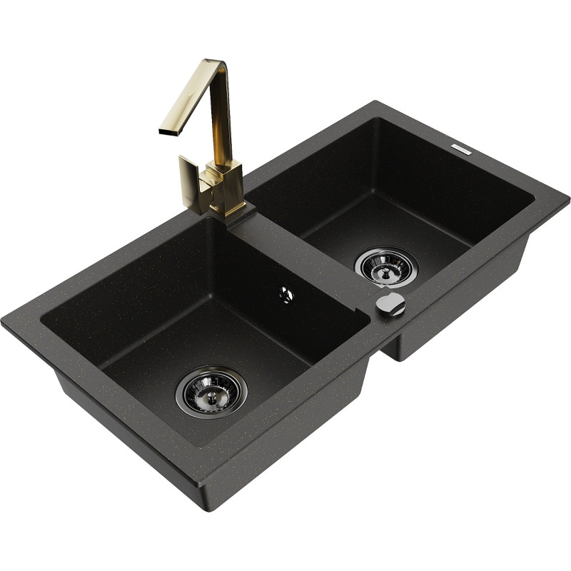 Mexen Mario Granitspüle 2-beckig mit Küchenarmatur Rita, schwarz/gold metallic - 6504-75-670300-50-B