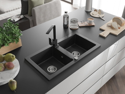 Mexen Mario Granitspüle 2-Kammer mit Küchenarmatur Rita, schwarz/gold metallic - 6504-75-670300-70
