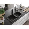 Mexen Mario Granitspüle 2-Becken mit Küchenarmatur Rita, schwarz/gold metallic - 6504-75-670300-70-B
