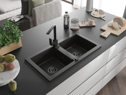 Mexen Mario Granitspüle 2-Becken mit Küchenarmatur Rita, schwarz/gold metallic - 6504-75-670300-70-B