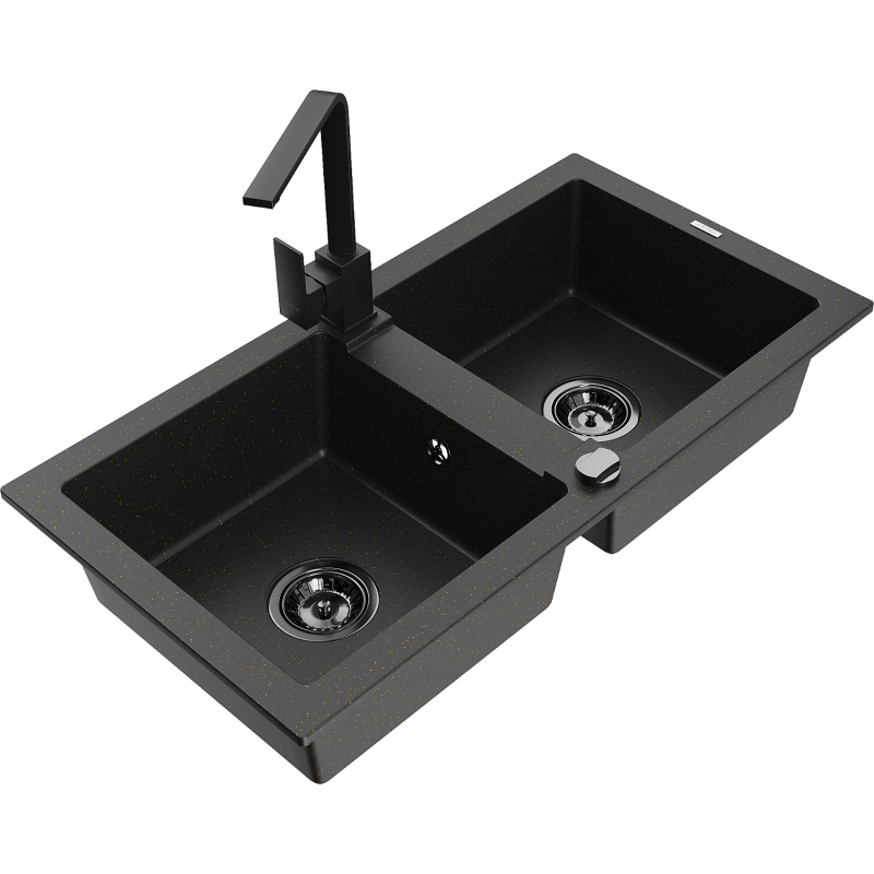 Mexen Mario Granitspüle 2-Becken mit Küchenarmatur Rita, schwarz/gold metallic - 6504-75-670300-70-B