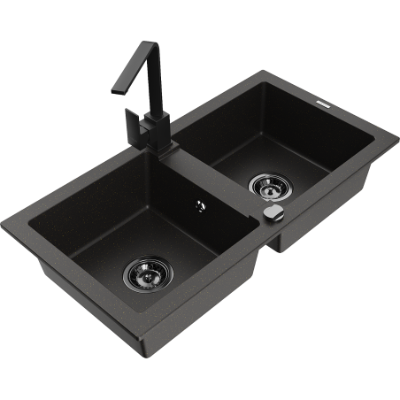 Mexen Mario Granitspüle 2-Becken mit Küchenarmatur Rita, schwarz/gold metallic - 6504-75-670300-70-B