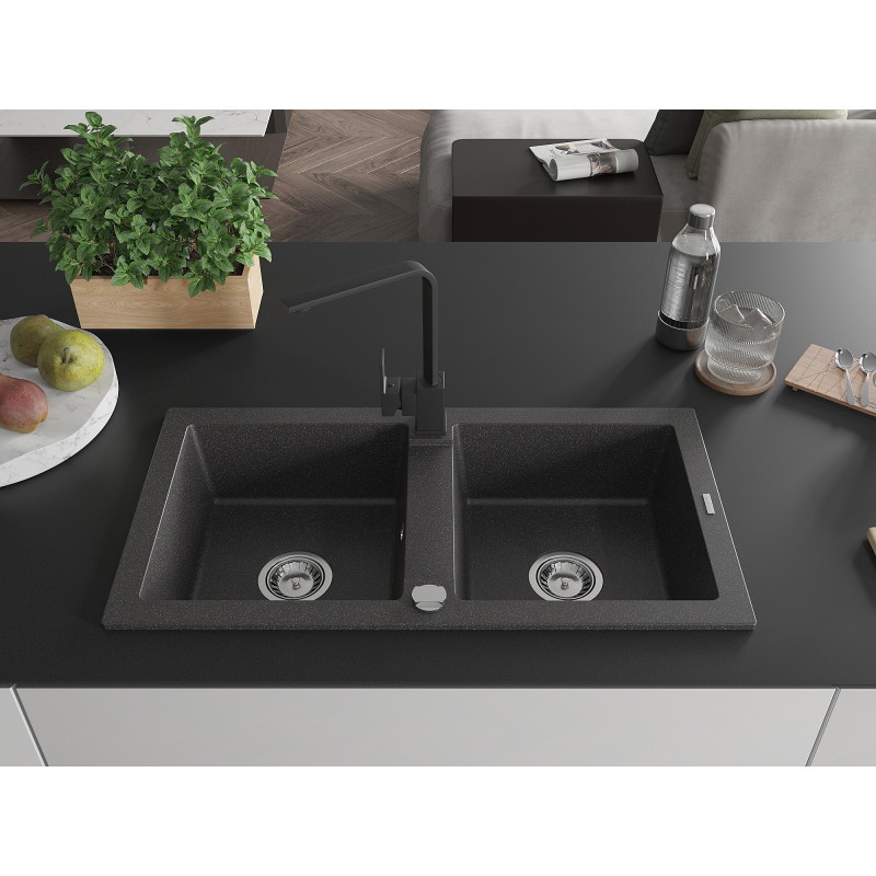 Mexen Mario Granitspüle mit 2 Becken und Küchenarmatur Rita, schwarz gesprenkelt - 6504-76-670300-70