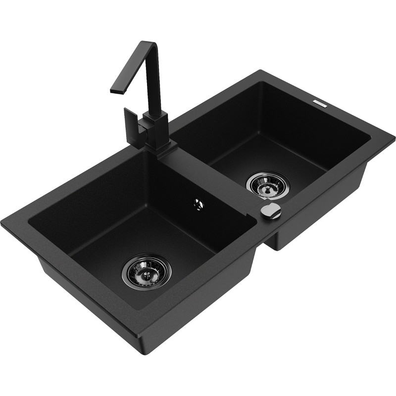 Mexen Mario Granitspüle 2-Kammer mit Küchenarmatur Rita, schwarz - 6504-77-670300-70-B