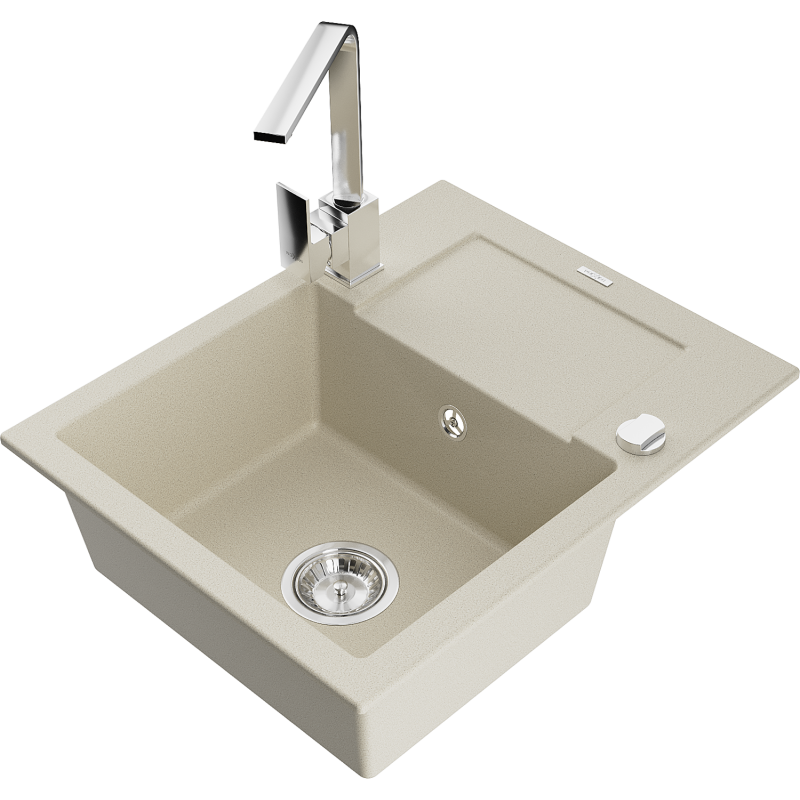 Mexen Enzo Granitspüle 1-beckig mit Abtropffläche und Küchenarmatur Rita, beige - 6506-69-670300-00