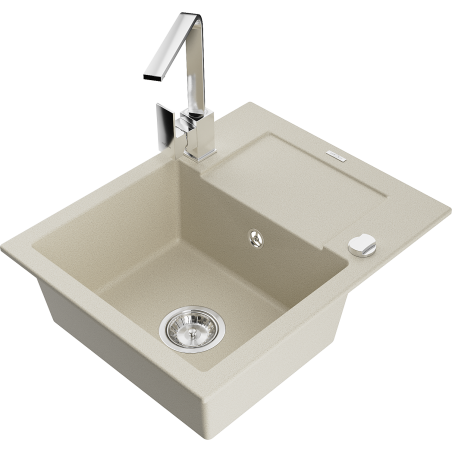 Mexen Enzo Granitspüle 1-beckig mit Abtropffläche und Küchenarmatur Rita, beige - 6506-69-670300-00