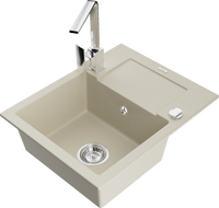 Mexen Enzo Granitspüle 1-beckig mit Abtropffläche und Küchenarmatur Rita, beige - 6506-69-670300-00