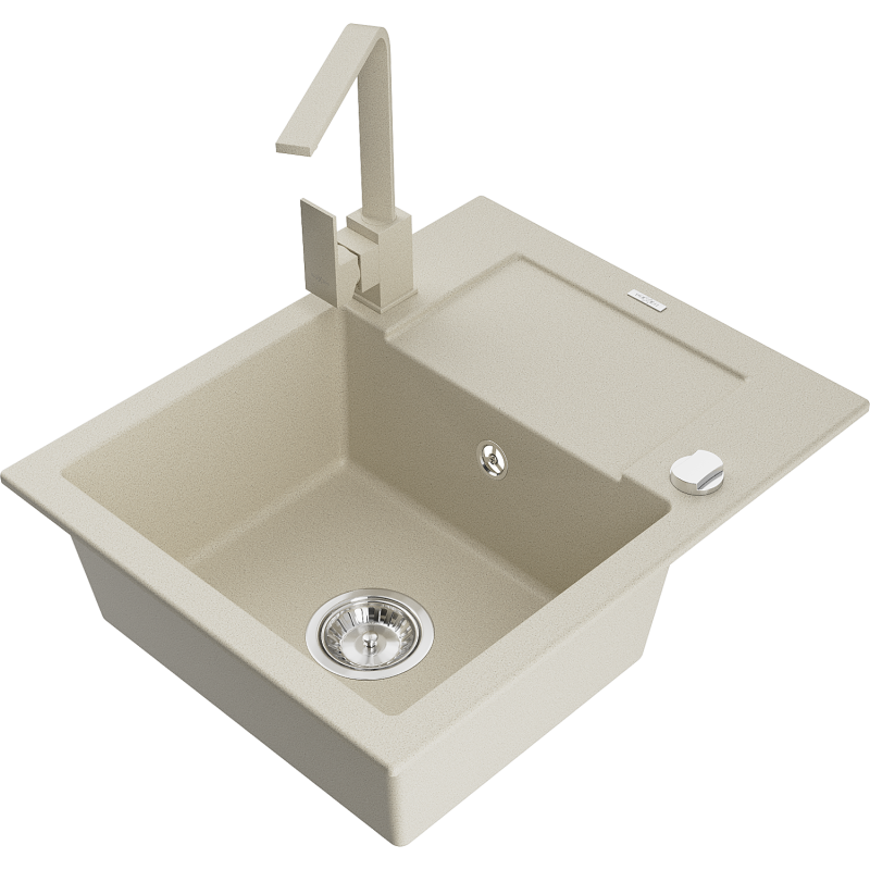 Mexen Enzo Granitspüle 1-beckig mit Abtropffläche und Küchenarmatur Rita, beige - 6506-69-670300-69