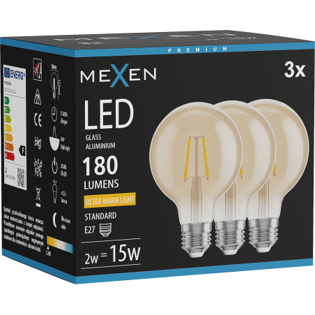 Mexen Vintis 3x LED-Filament-Glühbirne E27, G80, 2W, Warm - 2200K, 180 lm, Bernstein - L155-E27-0222-50x03