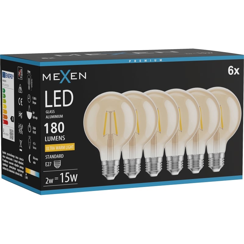 Mexen Vintis 6x LED-Filamentlampe E27, G80, 2W, Warm - 2200K, 180 lm, bernstein - L155-E27-0222-50x06