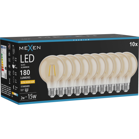Mexen Vintis 10x Filament-LED-Glühbirne E27, G80, 2W, Warm - 2200K, 180 lm, bernsteinfarben - L155-E27-0222-50x10