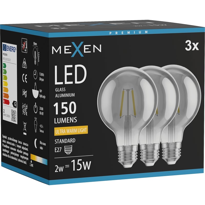 Mexen Vintis 3x LED-Filamentlampe E27, G80, 2W, Warm - 2200K, 150 lm, Rauch - L155-E27-0222-70x03