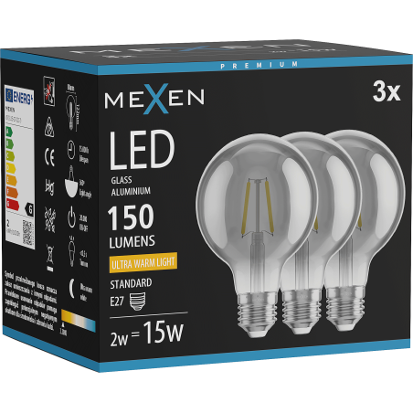 Mexen Vintis 3x LED-Filamentlampe E27, G80, 2W, Warm - 2200K, 150 lm, Rauch - L155-E27-0222-70x03