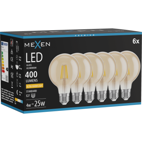 Mexen Vintis 6x LED-Filamentlampe E27, G80, 4W, Warm - 2200K, 400 lm, Bernstein - L155-E27-0422-50x06
