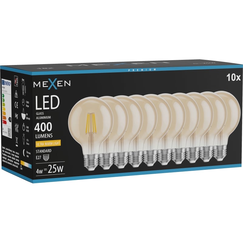 Mexen Vintis 10x LED Filament-Glühbirne E27, G80, 4W, Warm - 2200K, 400 lm, amber - L155-E27-0422-50x10