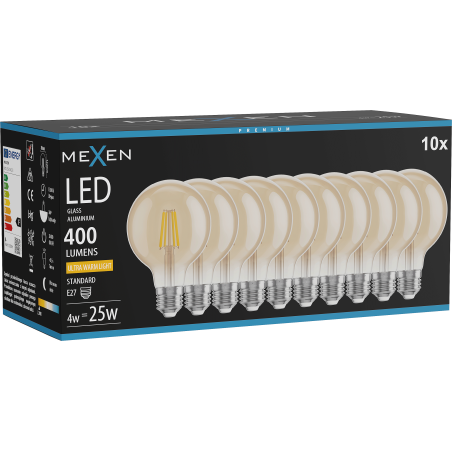 Mexen Vintis 10x LED Filament-Glühbirne E27, G80, 4W, Warm - 2200K, 400 lm, amber - L155-E27-0422-50x10