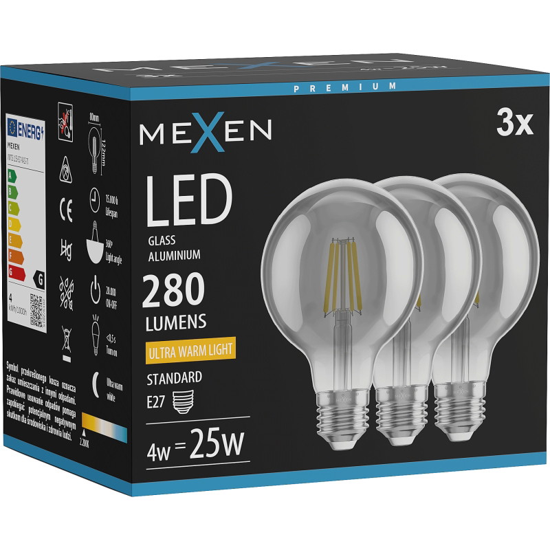 Mexen Vintis 3x LED-Filamentlampe E27, G80, 4W, Warm - 2200K, 280 lm, Smoke - L155-E27-0422-70x03