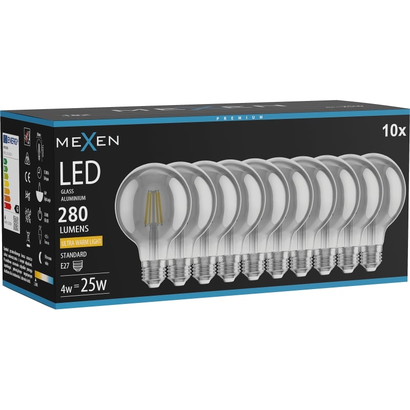 Mexen Vintis 10x LED-Filament-Glühbirne E27, G80, 4W, Warm - 2200K, 280 lm, smoke - L155-E27-0422-70x10