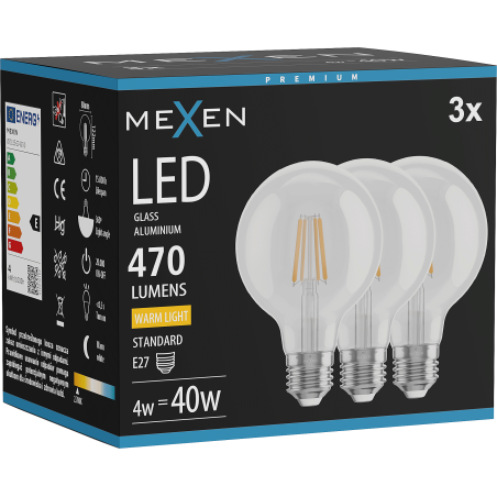 Mexen Vintis 3x LED-Filament-Glühbirne E27, G80, 4W, Warm - 2700K, 470 lm, klar - L155-E27-0427-00x03